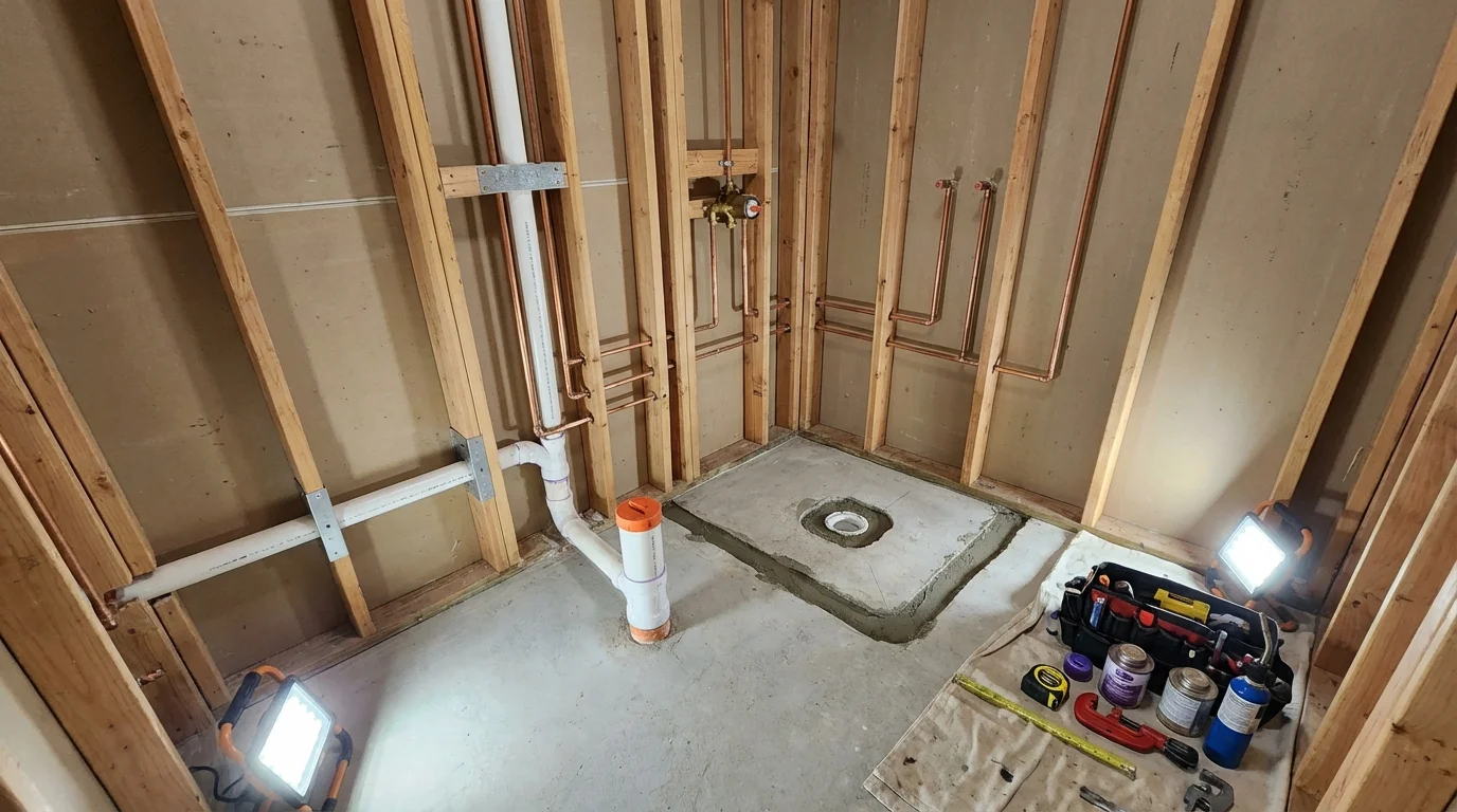 Bathroom rough-in plumbing during remodel by Johns Plumbing LLC in Eastpoint