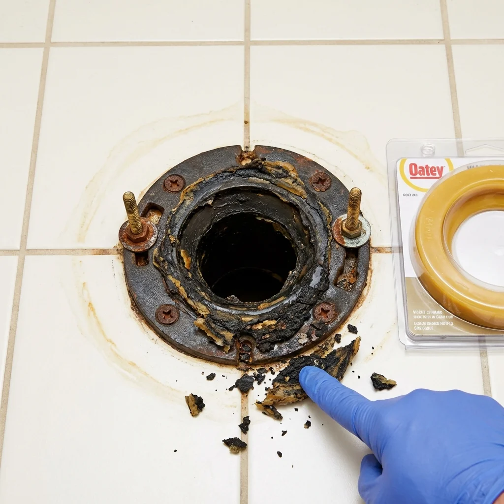 Failed wax ring showing water seepage at the base of a toilet in a Eastpoint, FL home