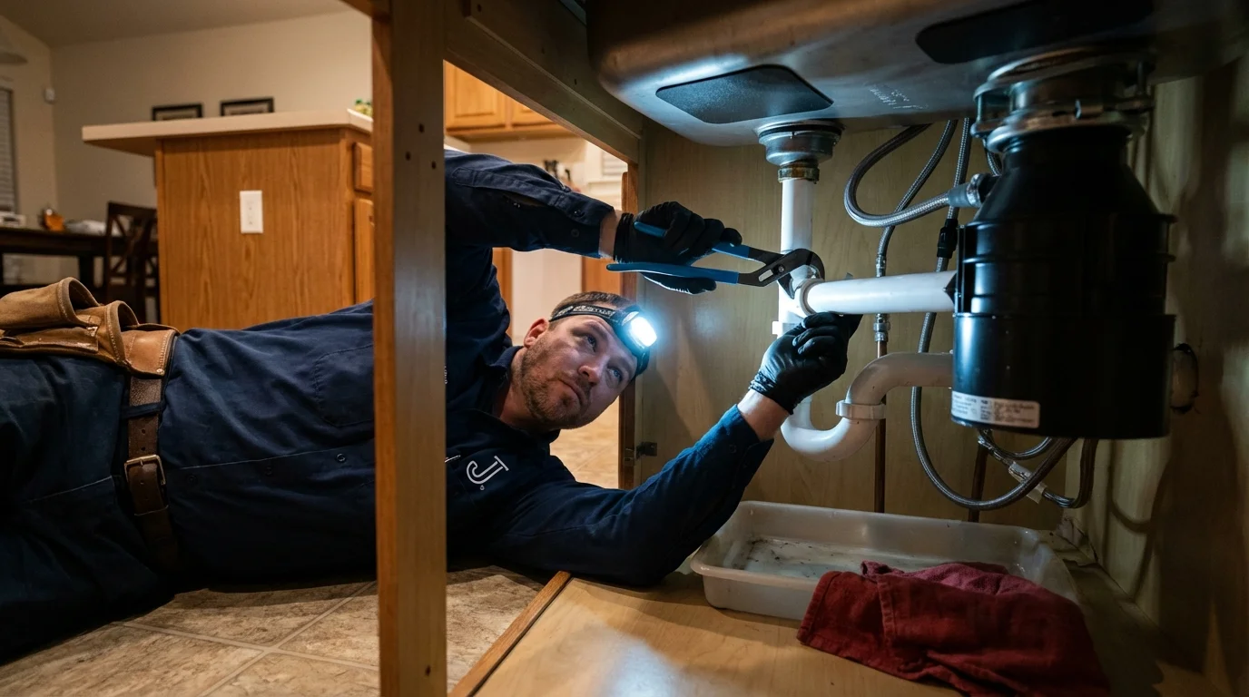 P-trap and supply line connections under a kitchen sink showing a common leak point in Eastpoint, FL